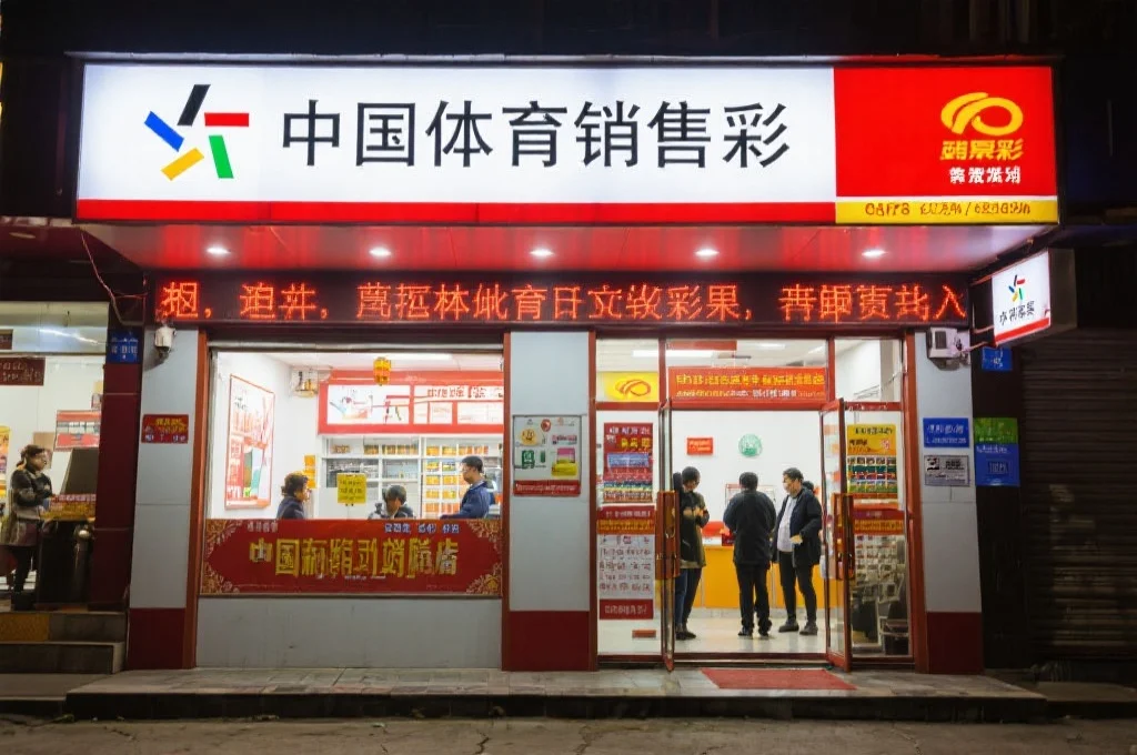 中国体育彩票销售网点的外观，门口有明亮的招牌和进出购彩者