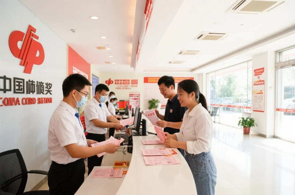 中国彩票兑奖大厅宽敞明亮的环境，工作人员正在为中奖者办理兑奖手续