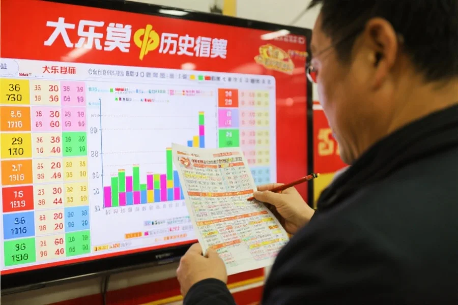 一位购彩者在分析大乐透历史开奖数据，手持资料，屏幕上展示各种号码组合图表，氛围积极轻松