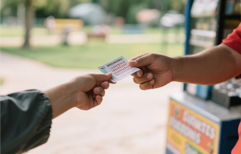 销售员与顾客交换彩票,背景为社区一景